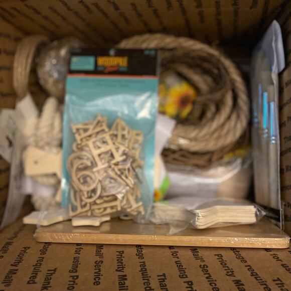 Mystery Craft Box 11x8.5x6 full Variety Wood rounds, stickers napkins, twine - Picture 2 of 6
